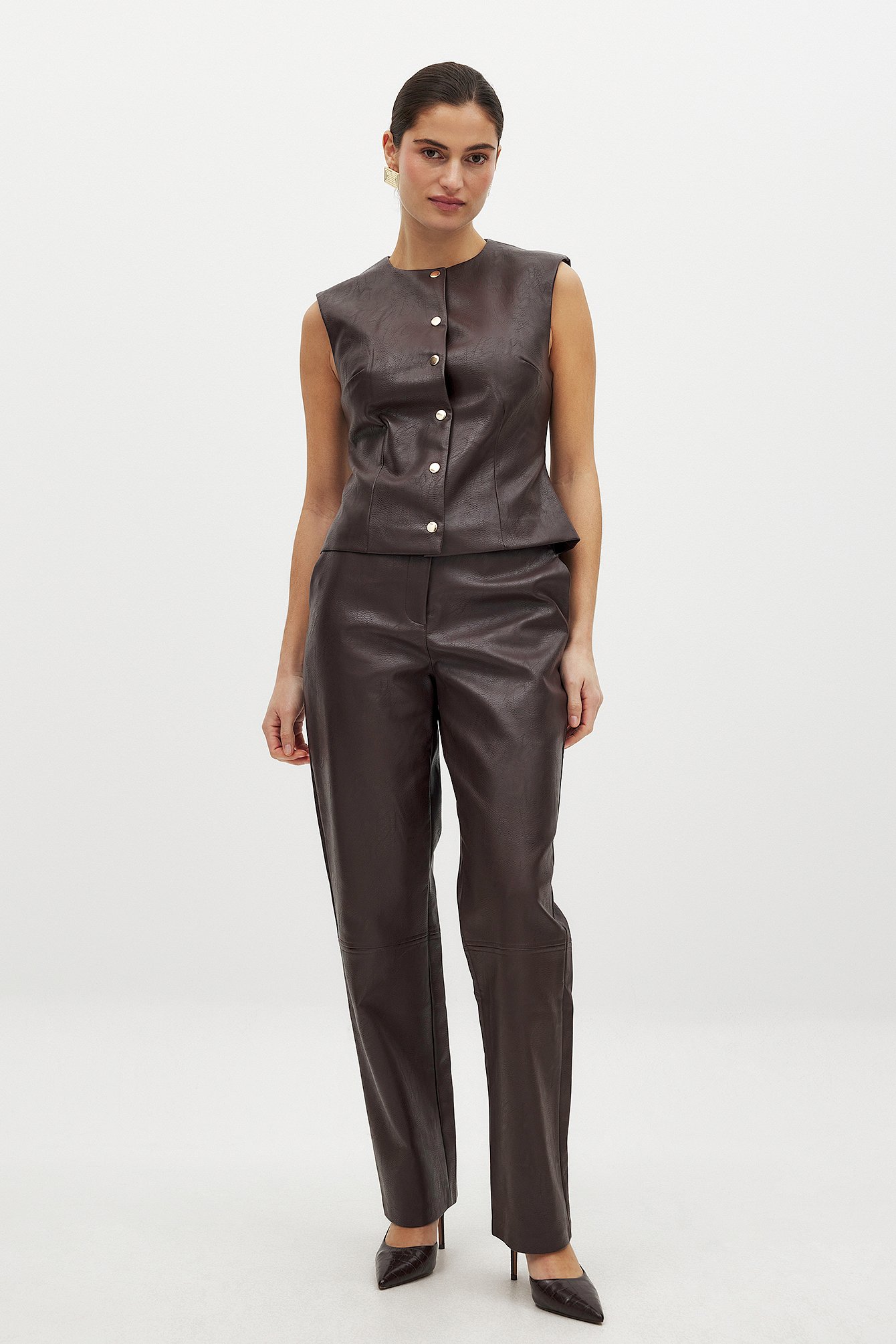 NA-KD x Zoe Liss PU Pants - Faux-leather Trousers - Brown - EU 44 - NA-KD / NAKD