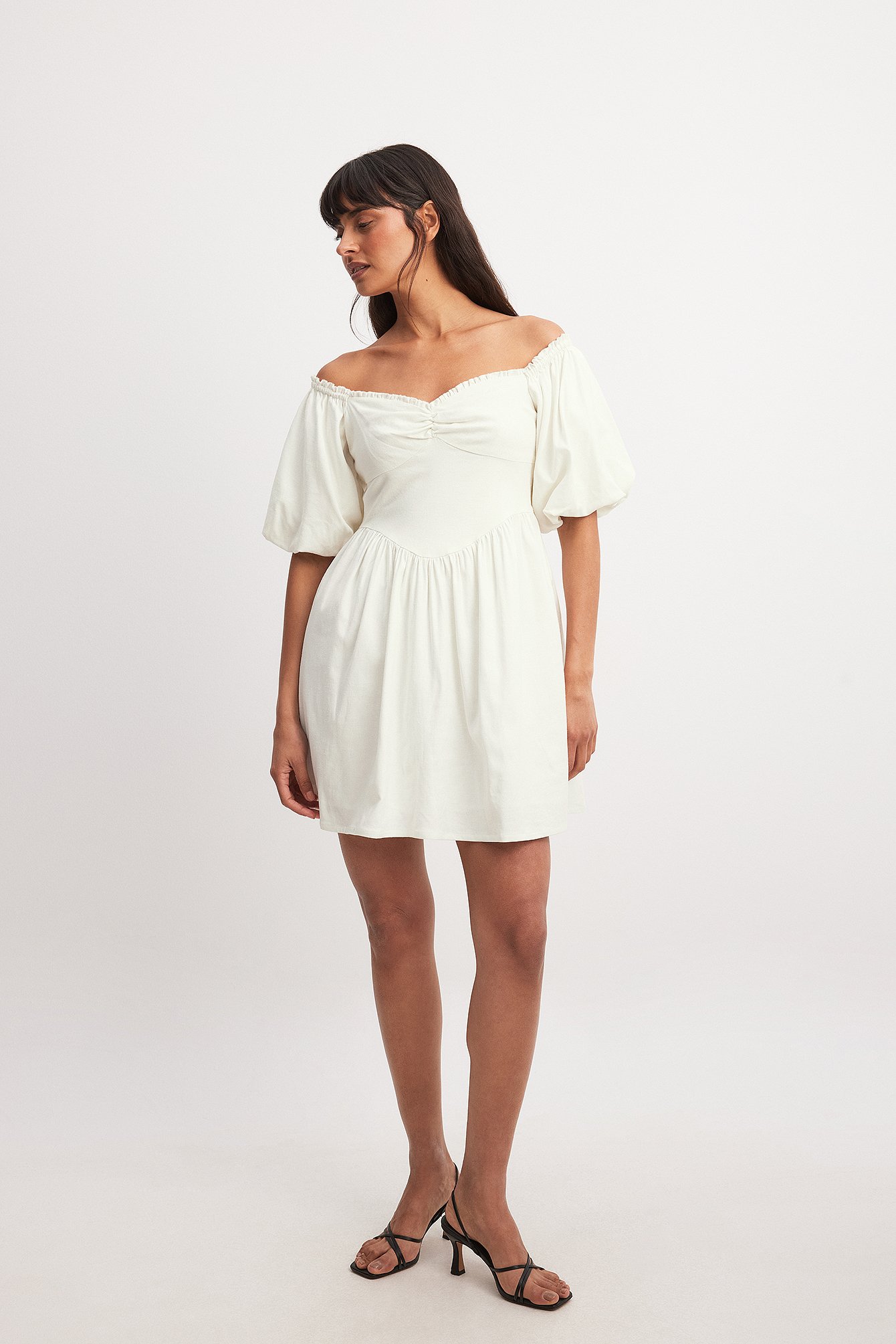 NA-KD Puff Sleeve Off Shoulder Mini Dress - Offwhite