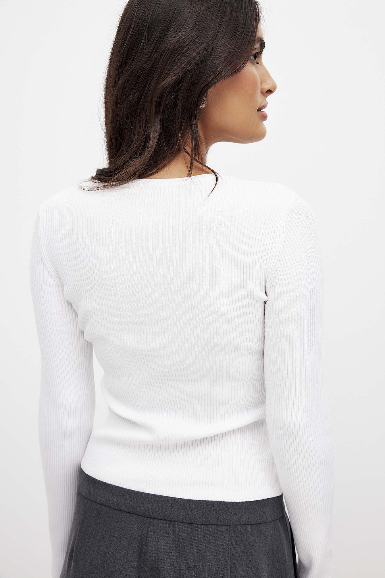 NA-KD Ribbed Knitted V-Neck Top - Tops - White - XL (EU 46) - NA-KD / NAKD