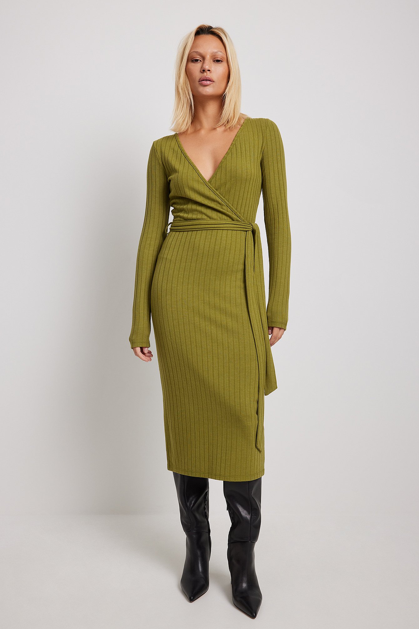 Ribbed Wrap Belted Midi Dress Green