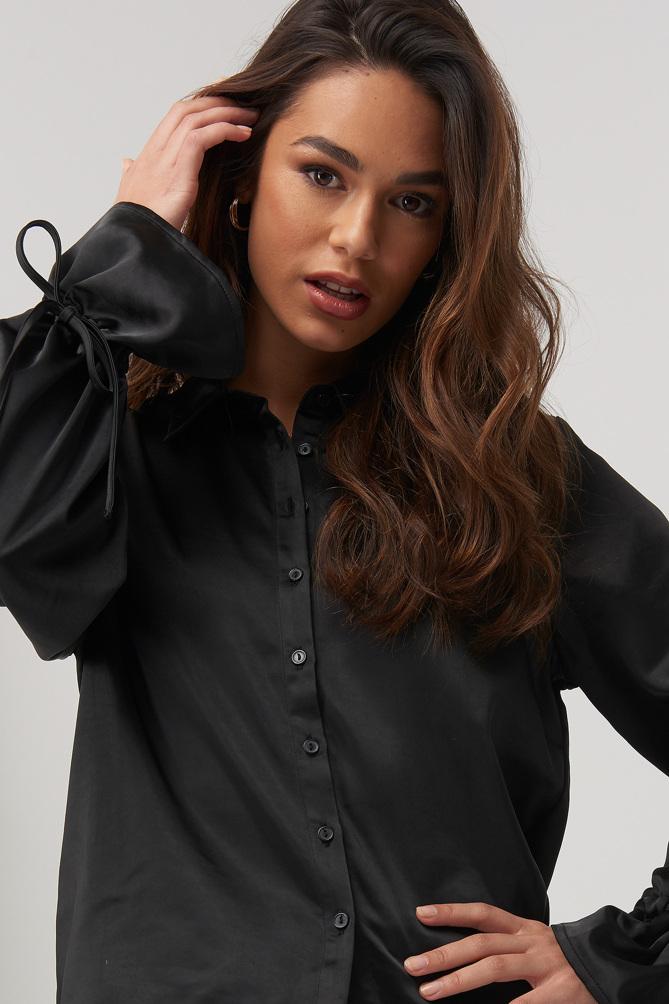 Sleeve Detail Satin Blouse Black Na