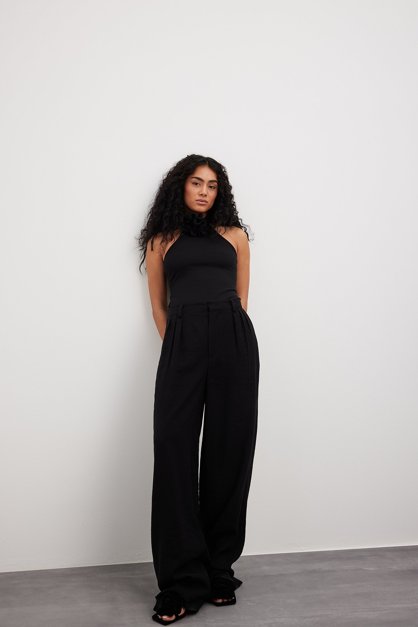 Black Rose Detail Halterneck Ruffle Jumpsuit