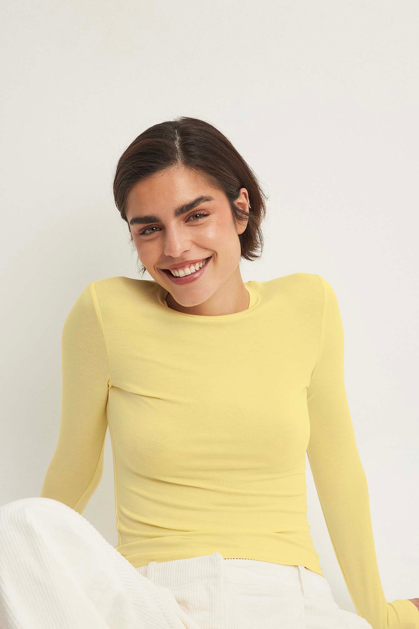 Round Neck Long Sleeve Top Yellow | NA-KD