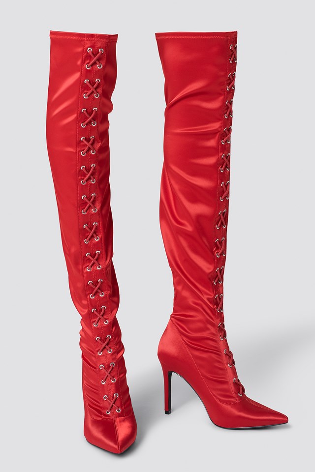 Lace Up Satin Overknee Boots Red Na 8798