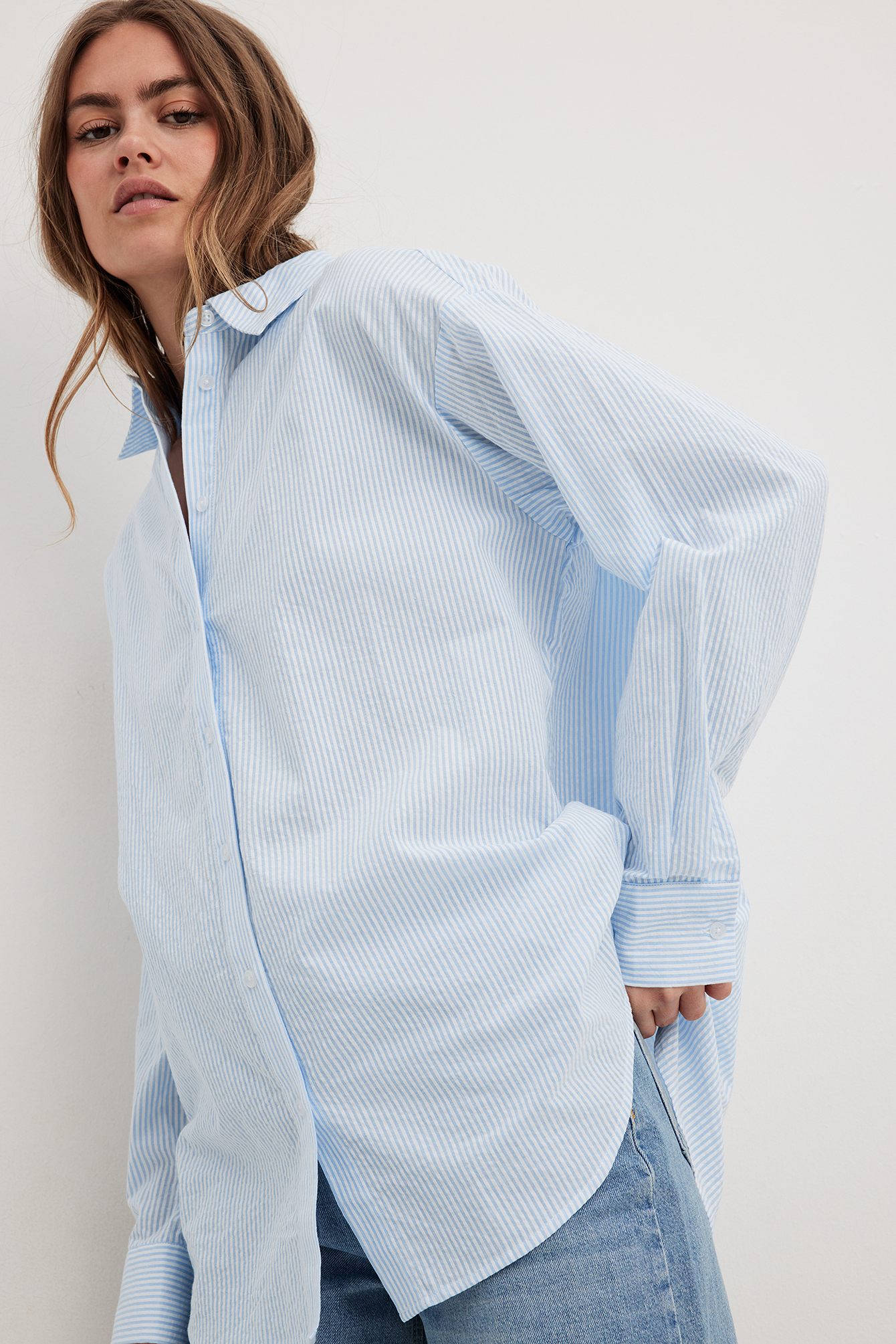 Seersucker Long Sleeve Shirt Blue | NA-KD