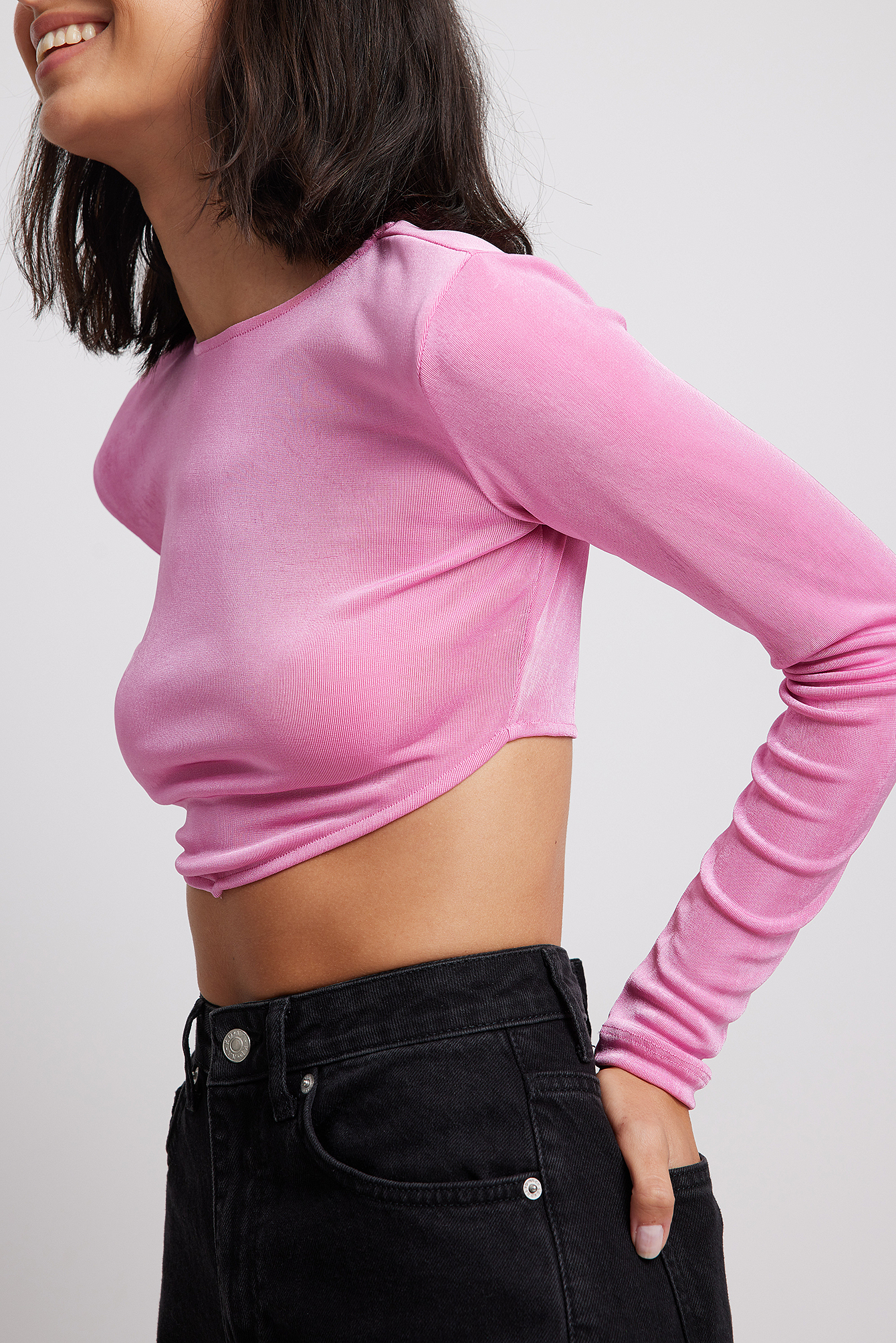 Pink High Shine Long Sleeve Crop Top