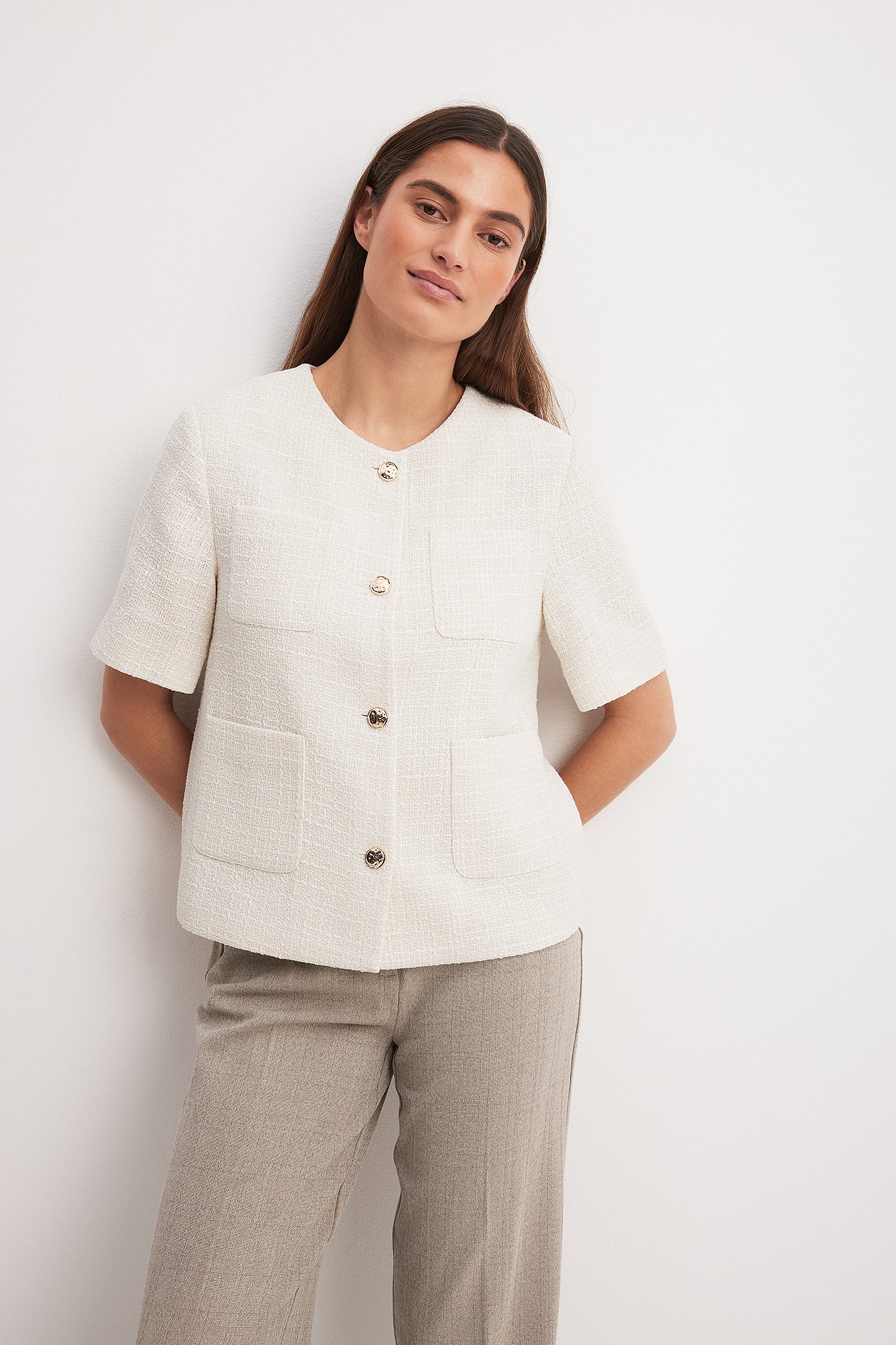 Short Sleeve Tweed Jacket Offwhite | NA-KD