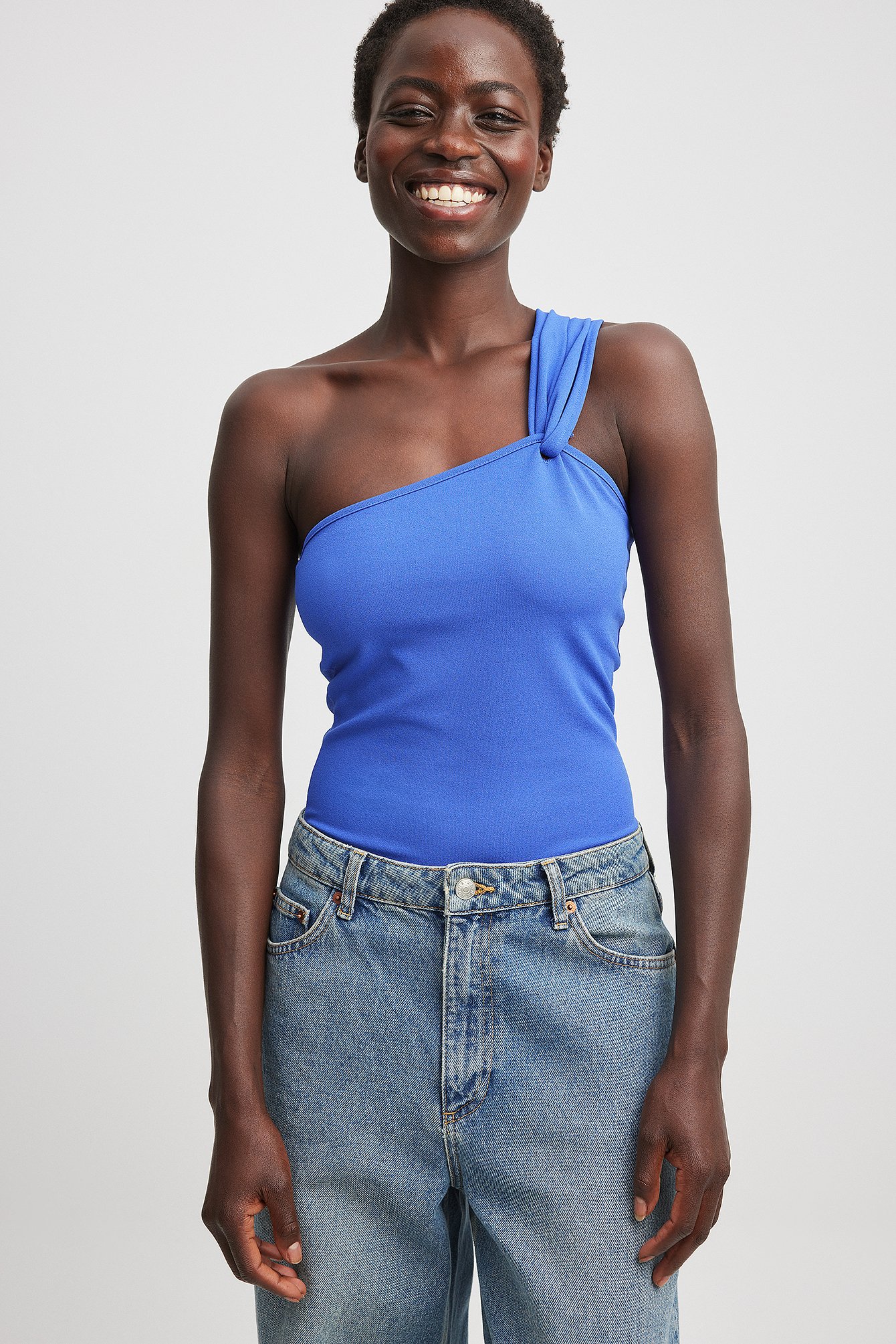 Blue one outlet shoulder top