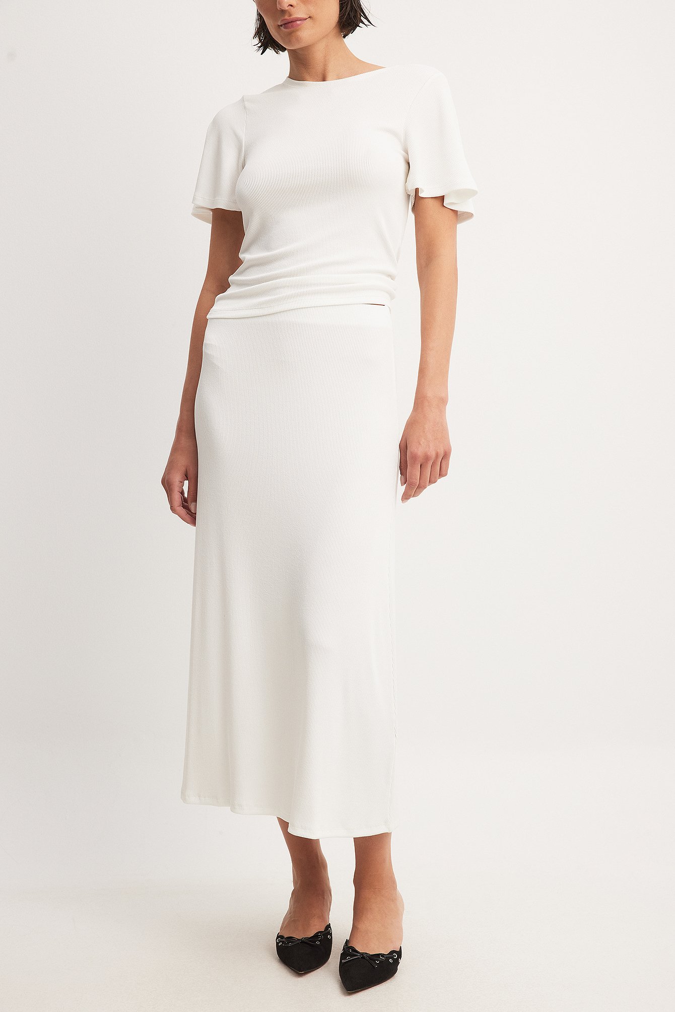 NA-KD Soft Rib Midi Skirt - White