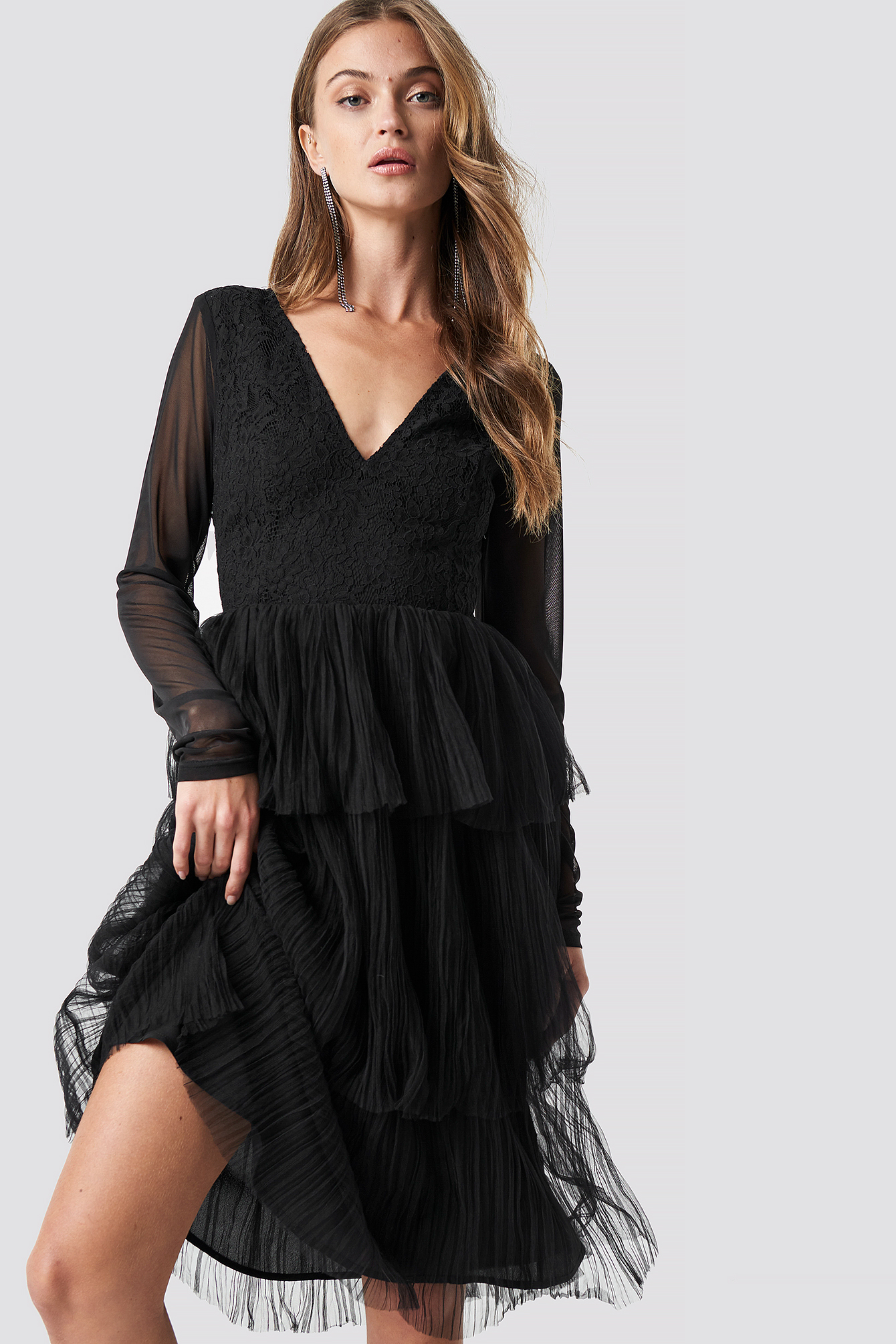 Mesh Sleeve Layered Midi Dress Black | na-kd.com