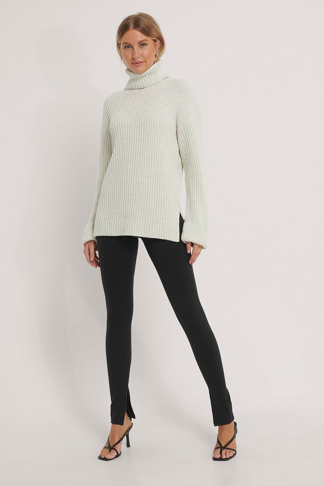 Ribbed Knitted Turtleneck Side Slit Sweater Grey | na-kd.com