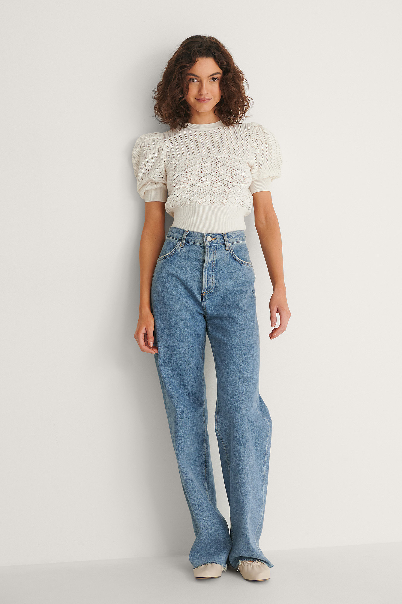 Organic Structure Puff Sleeve Knitted Top White | na-kd.com