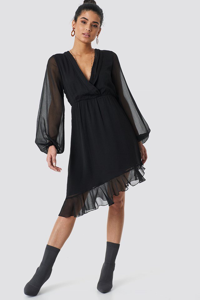 Balloon Sleeve Chiffon Mini Dress Black | na-kd.com