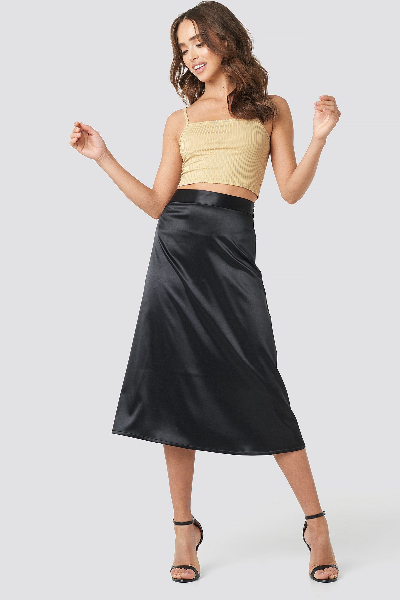 Bias Cut Satin Midi Skirt Black Na 5979