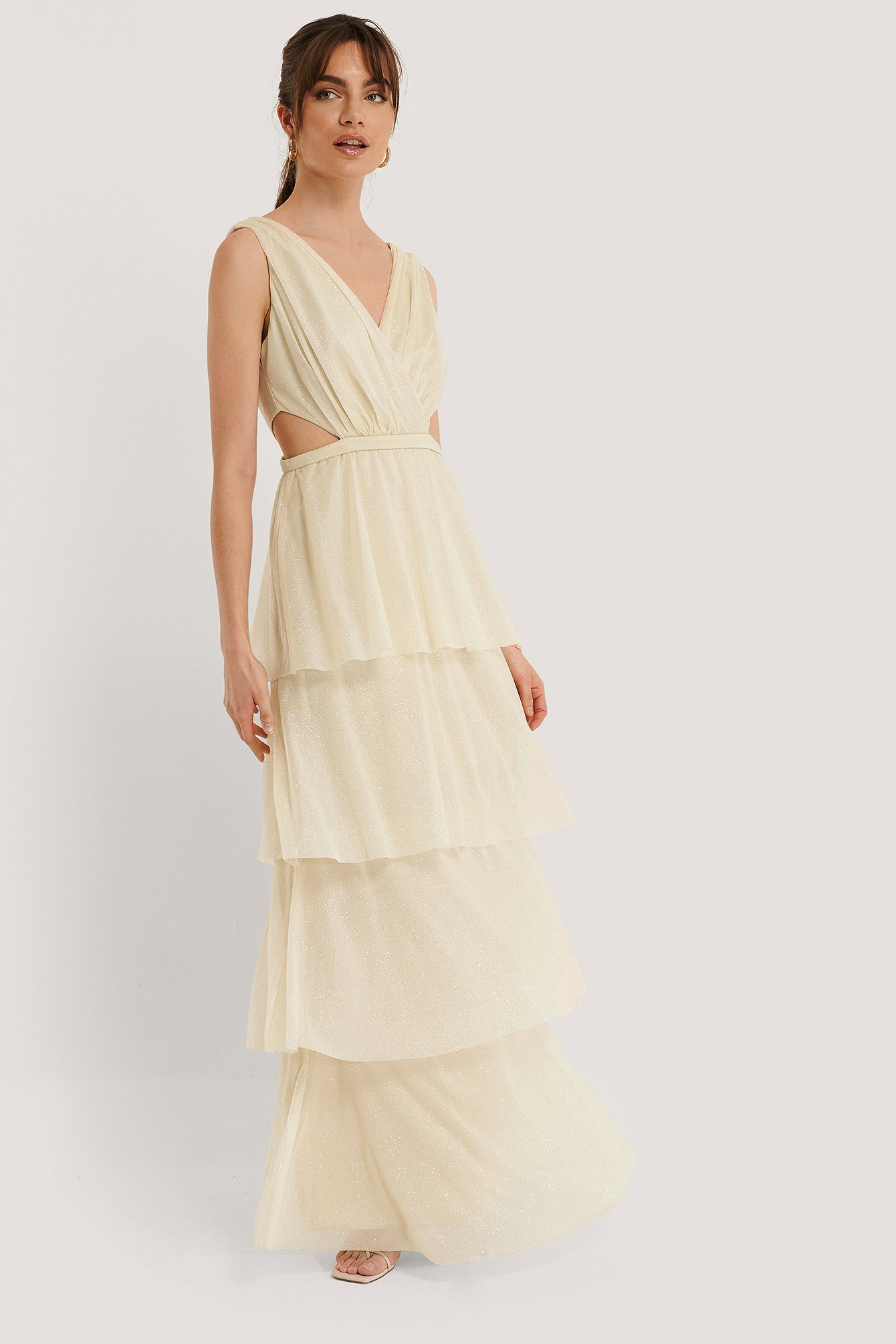 Shimmering Ruffle Evening Dress Beige | na-kd.com