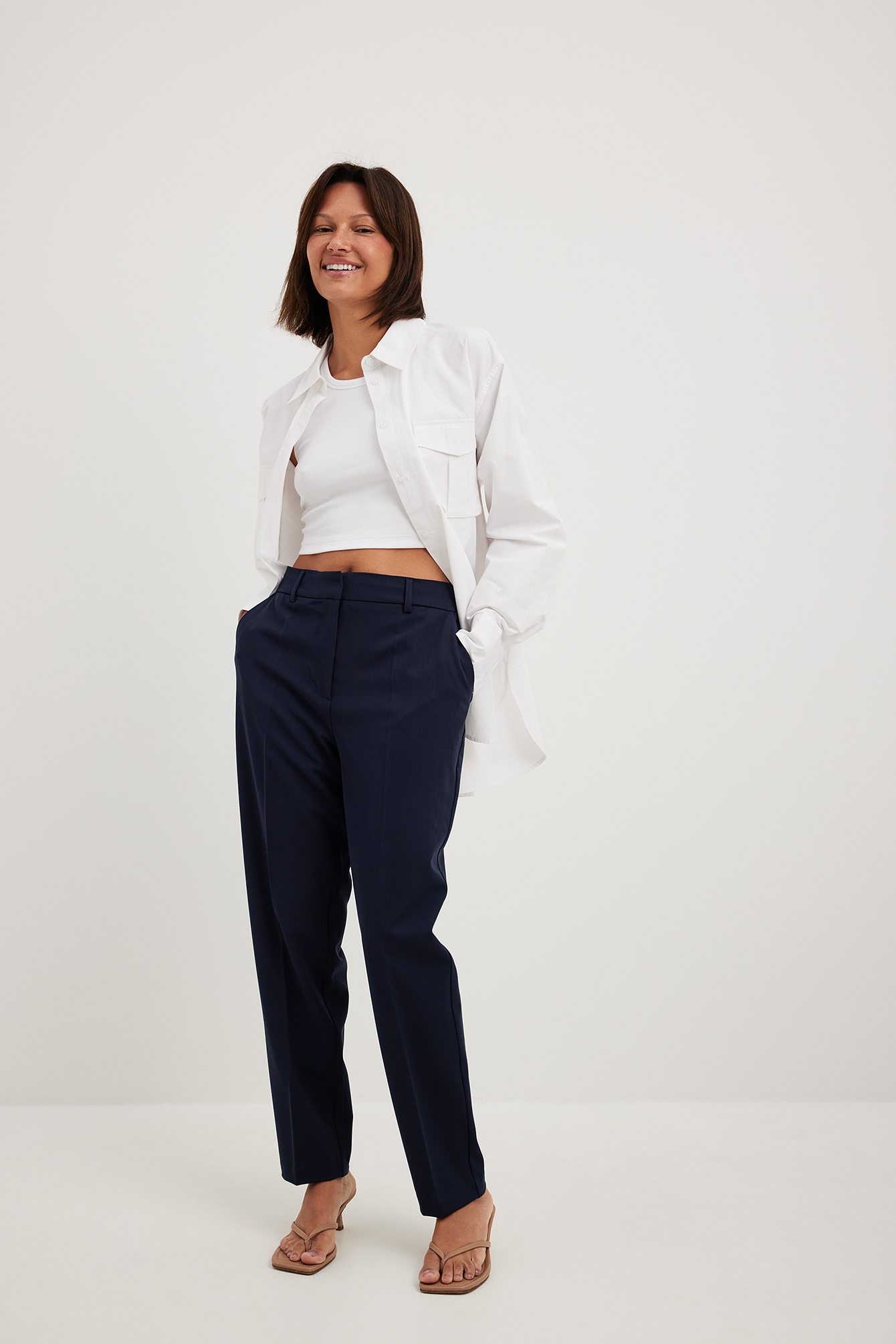 Straight High Waist Cropped Suit Pants Blue