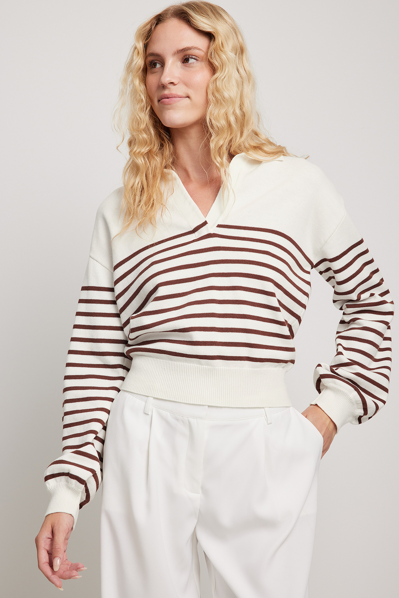 Striped Collar Knitted Sweater Stripe Na