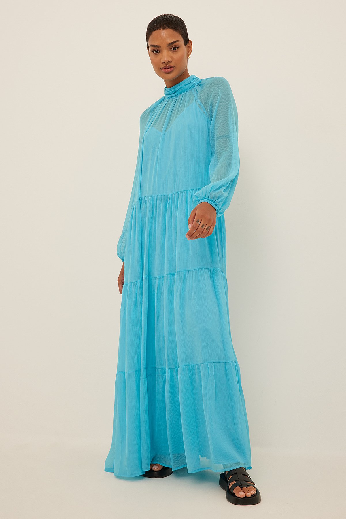Structured Sheer Maxi Dress Blue | na-kd.com