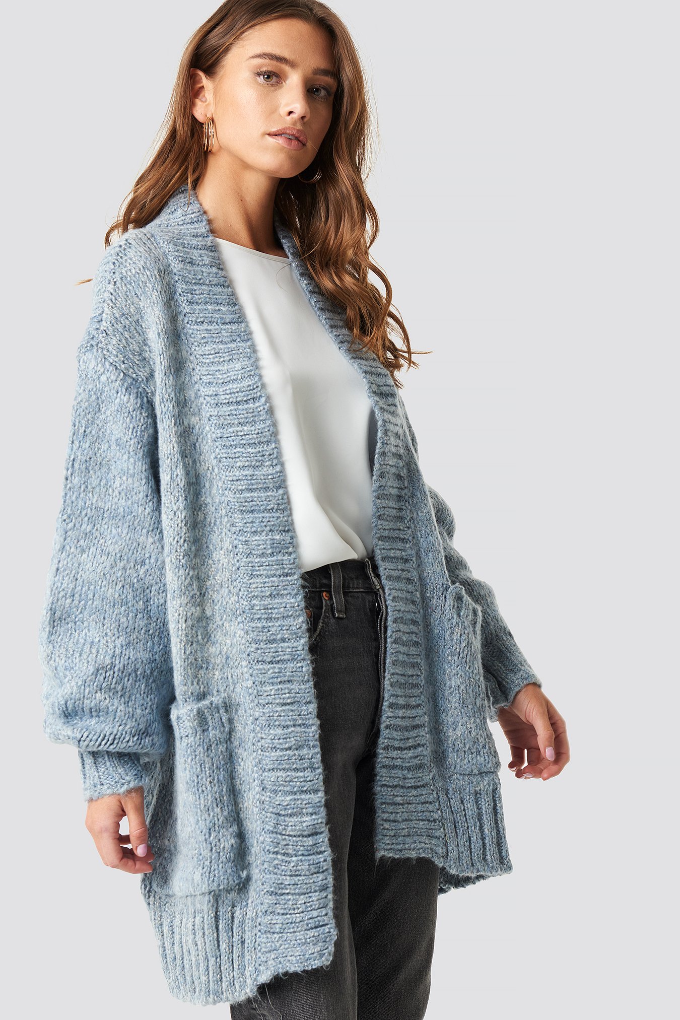 blue balloon sleeve cardigan