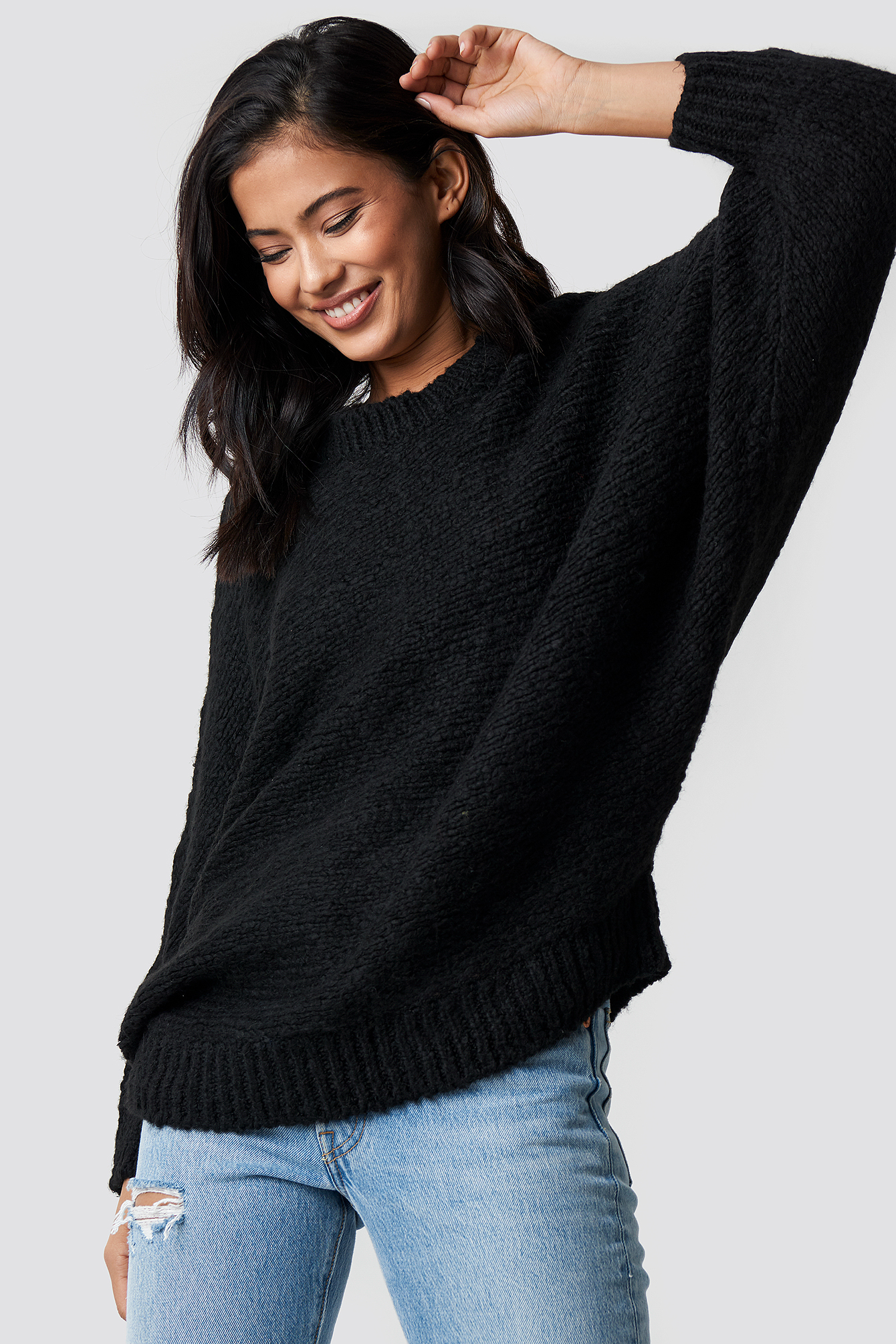 Bat Sleeve Knitted Sweater Black | na-kd.com