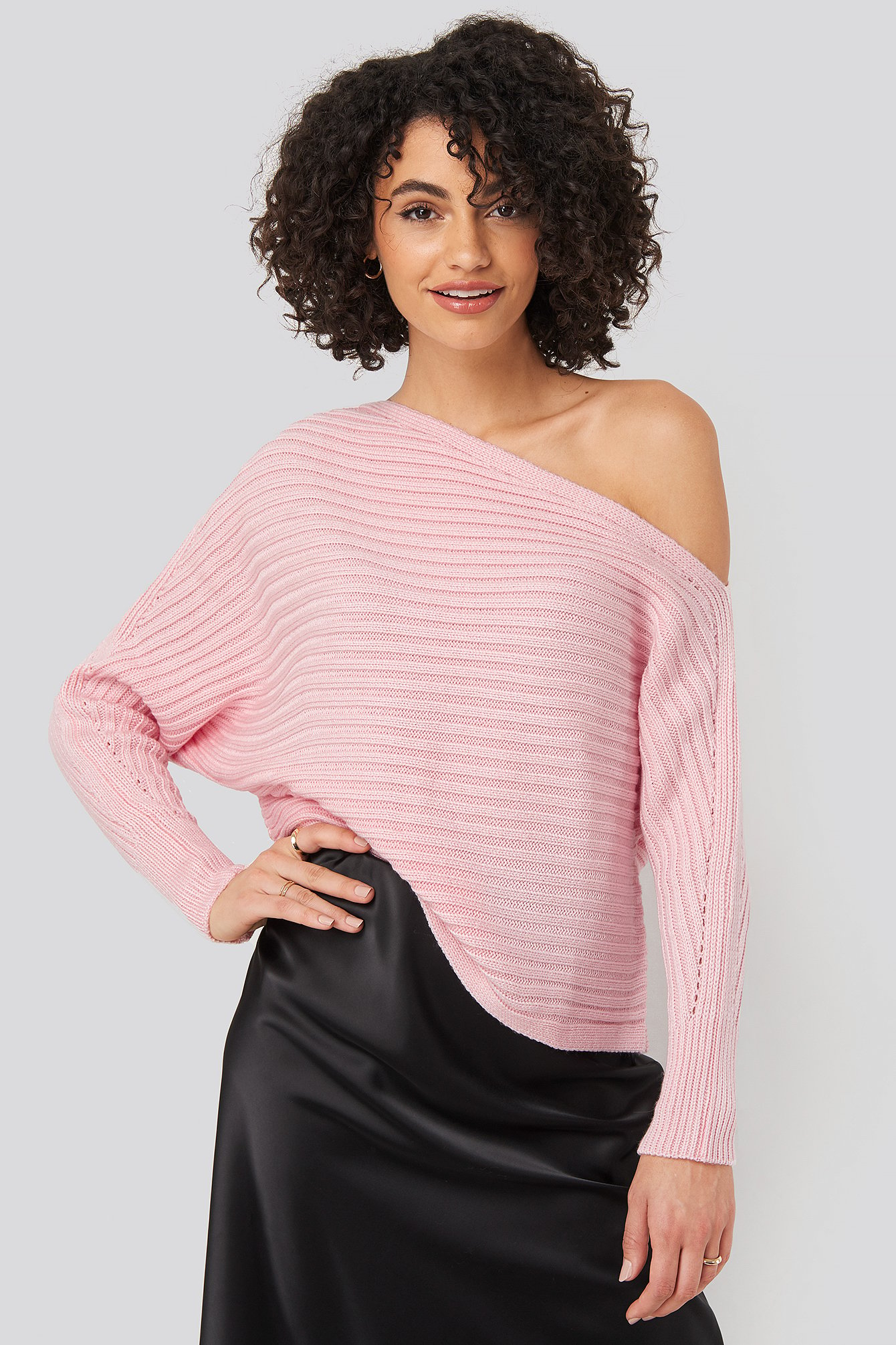 Boat Neck Knitted Sweater Pink Na 1906