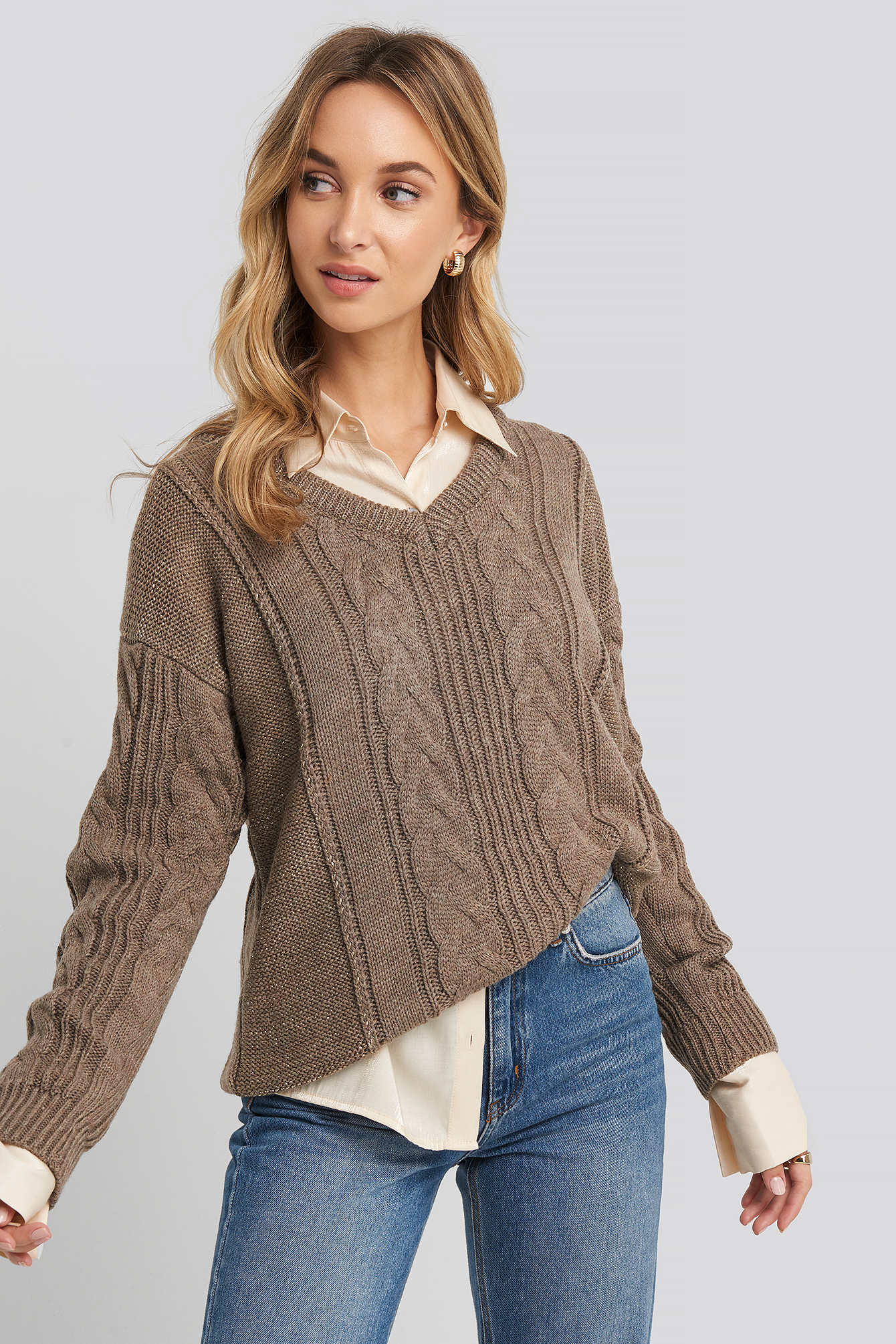 Trendyol Braided Silvery Knitted Sweater Brown Modesens