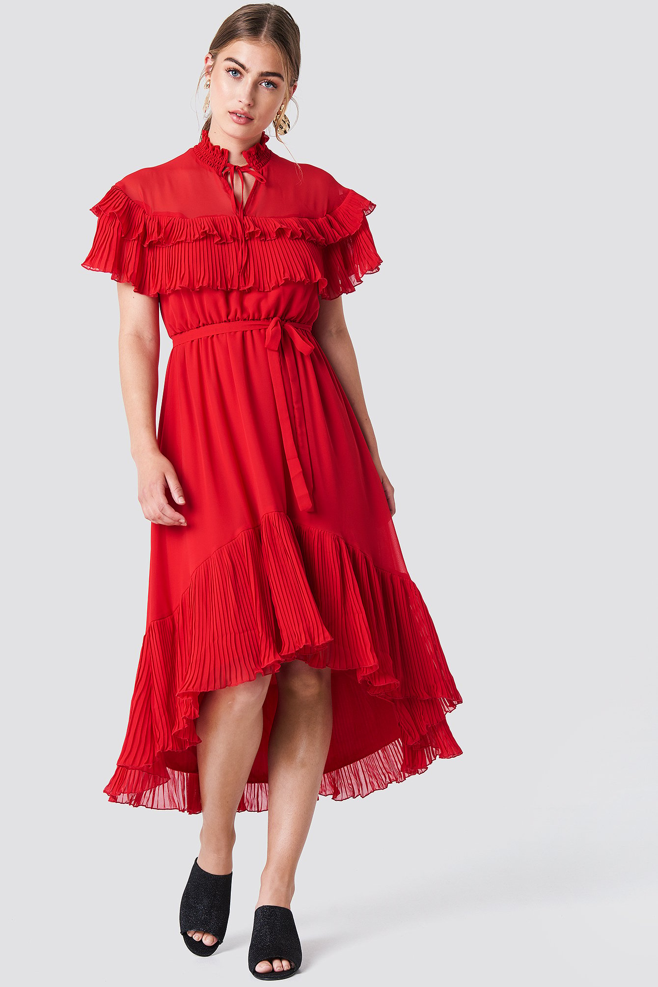 red high neck midi dress