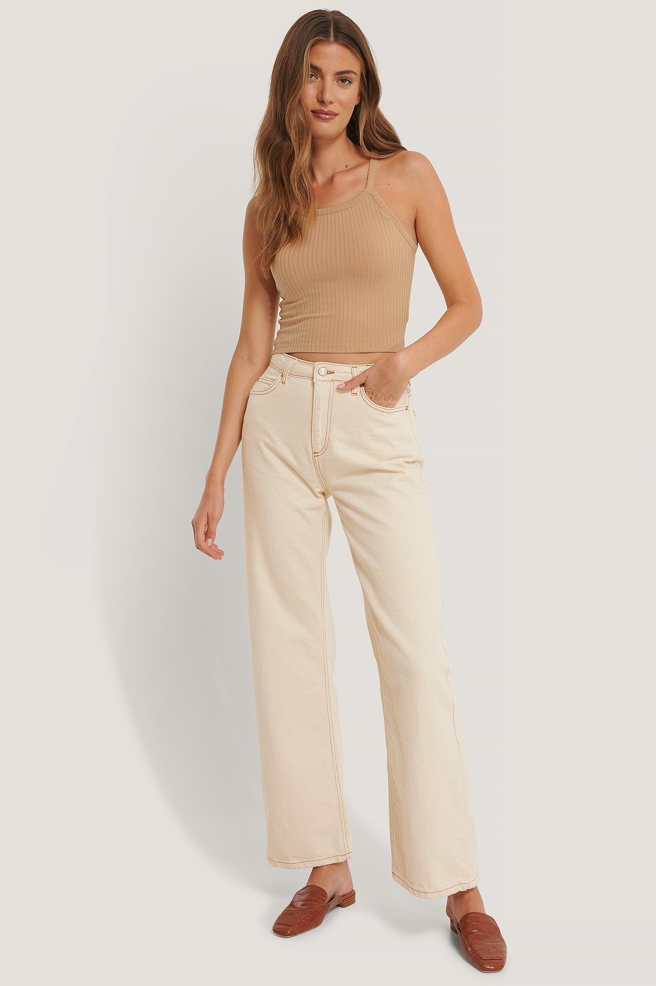 beige high waisted jeans