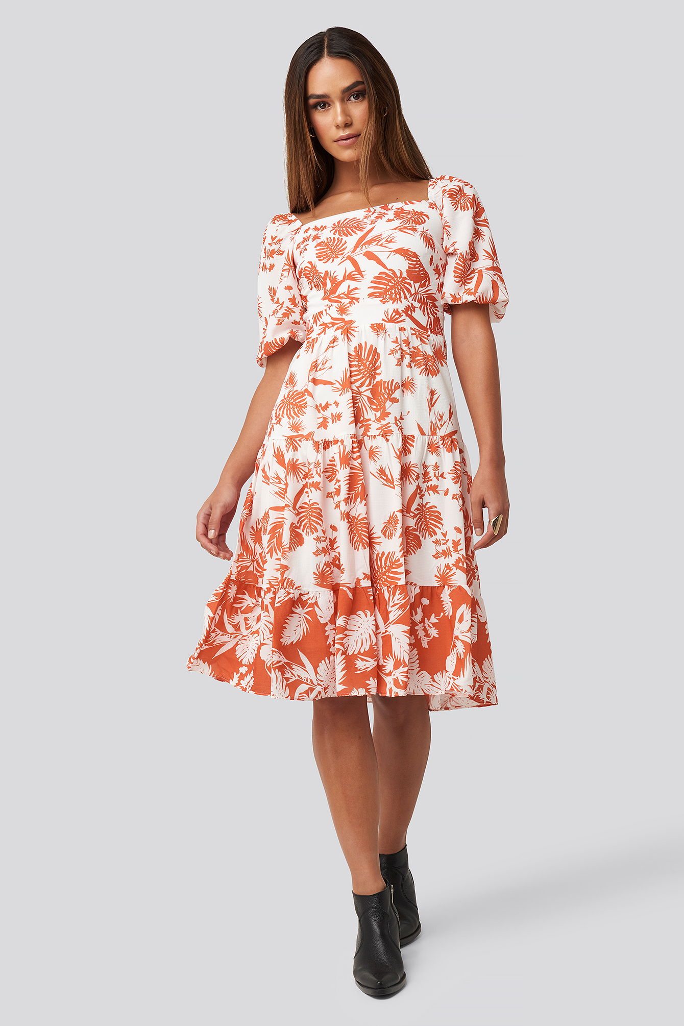 Orange Patterned Midi Dress White