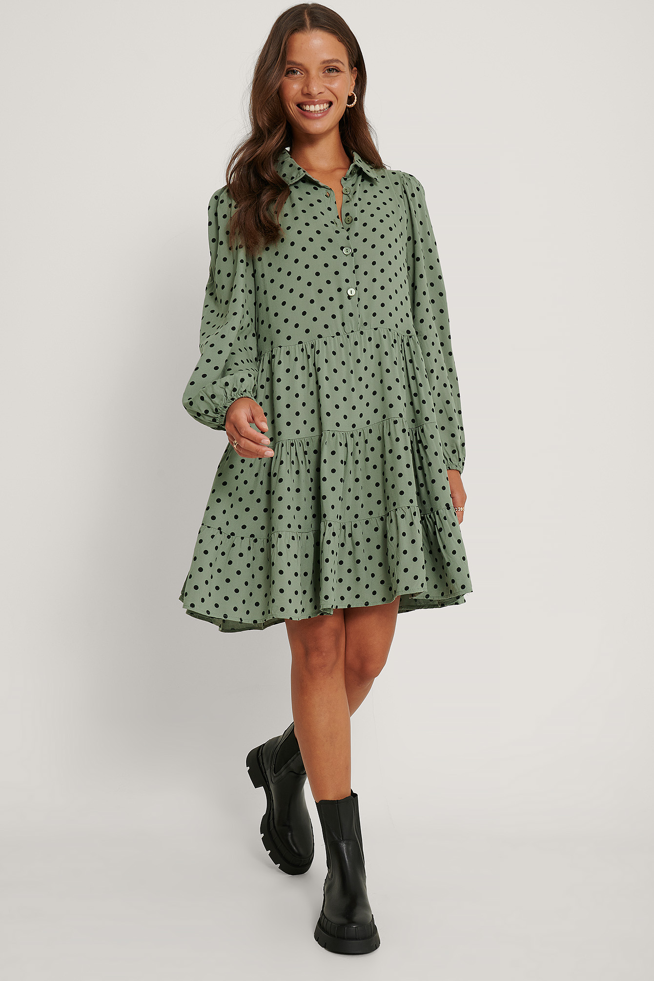 green polka dot mini dress