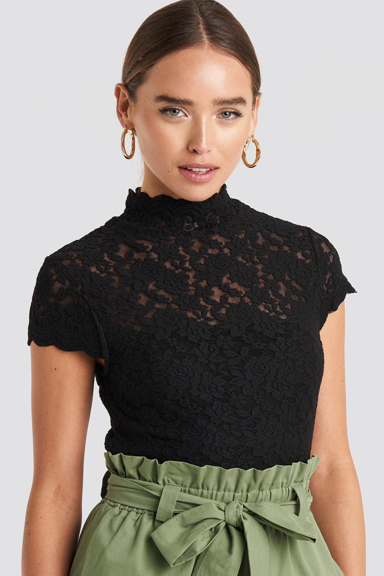 Short Sleeve High Neck Lace Top Black 