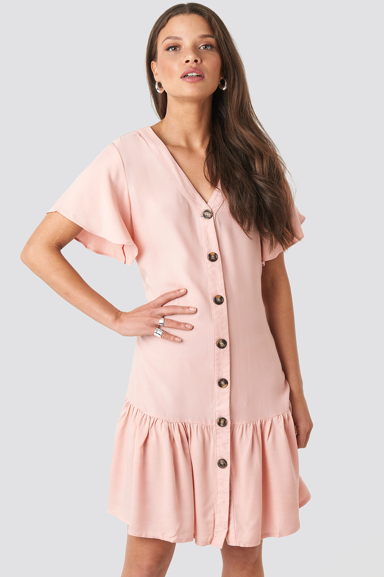 Sleeves Flywheel Shirt Dress Pink Na 