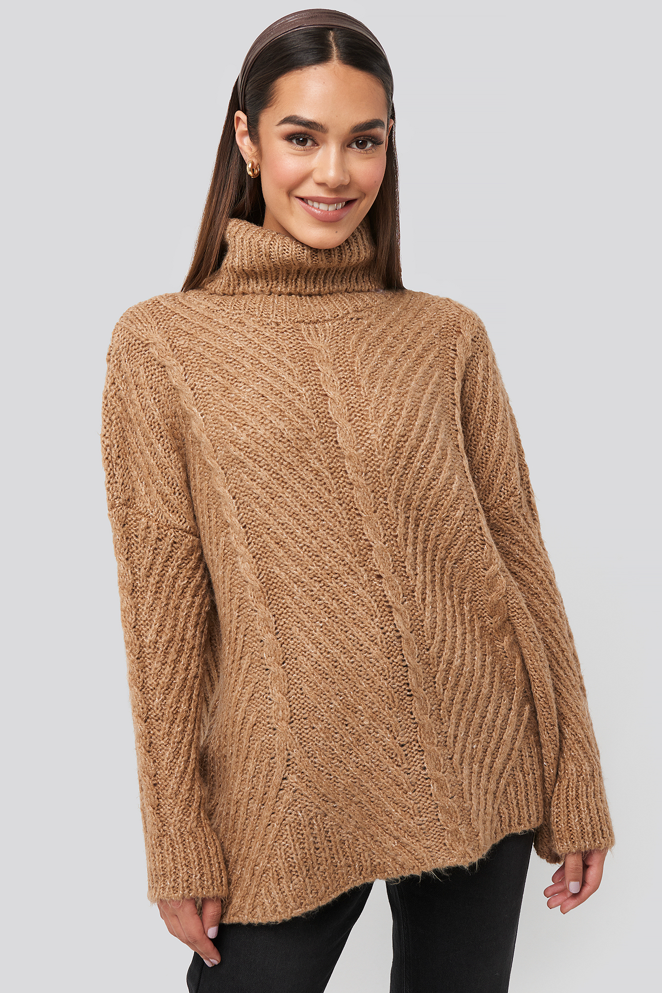 Turtleneck Long Knitted Sweater Beige | na-kd.com