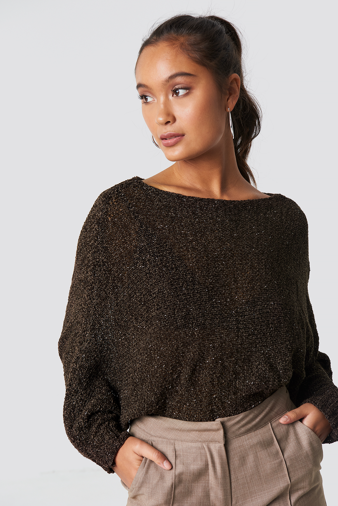 Wide Detailed Knitted Sweater Brown Na 0764