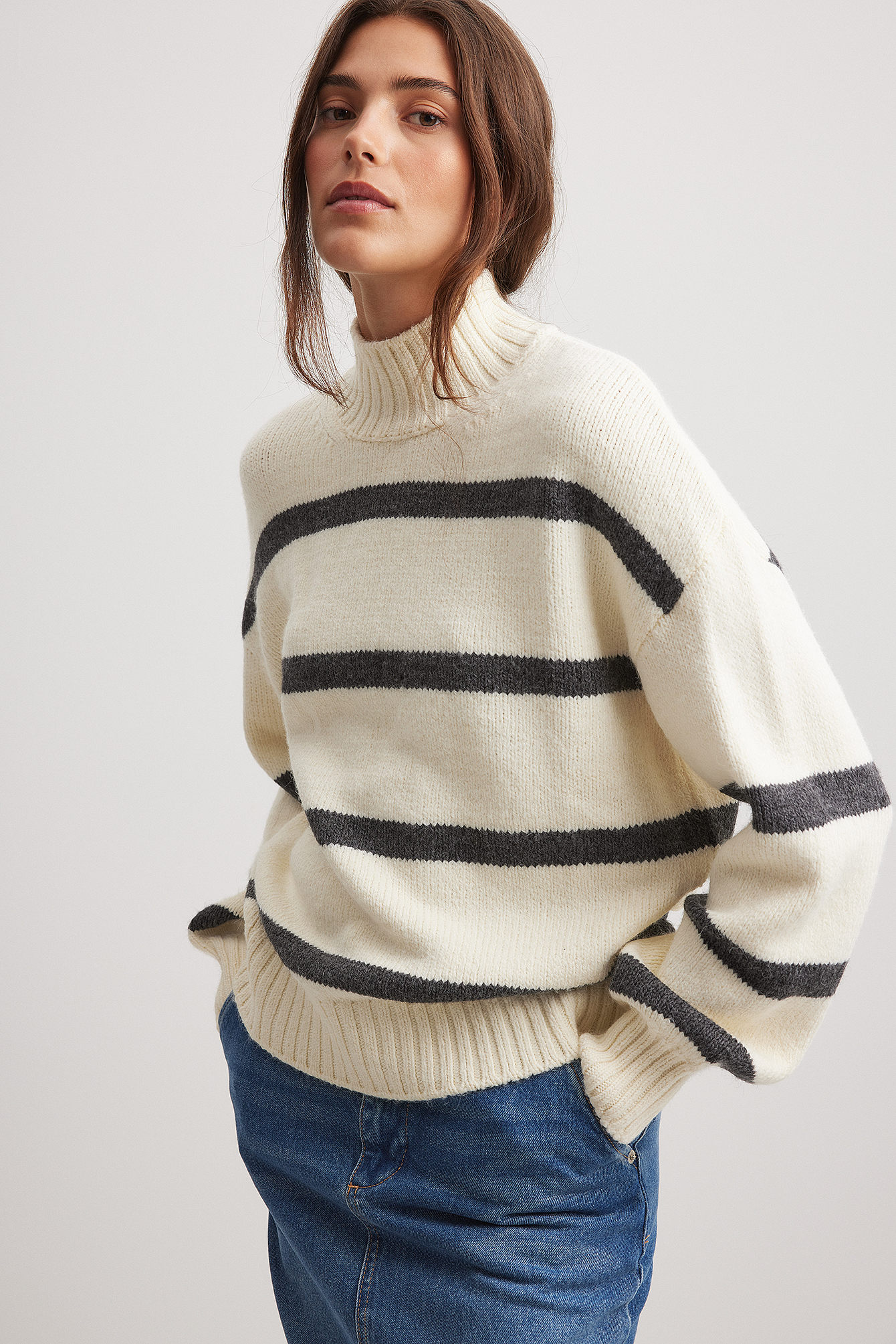 Turtle Neck Knitted Striped Sweater Offwhite | NA-KD
