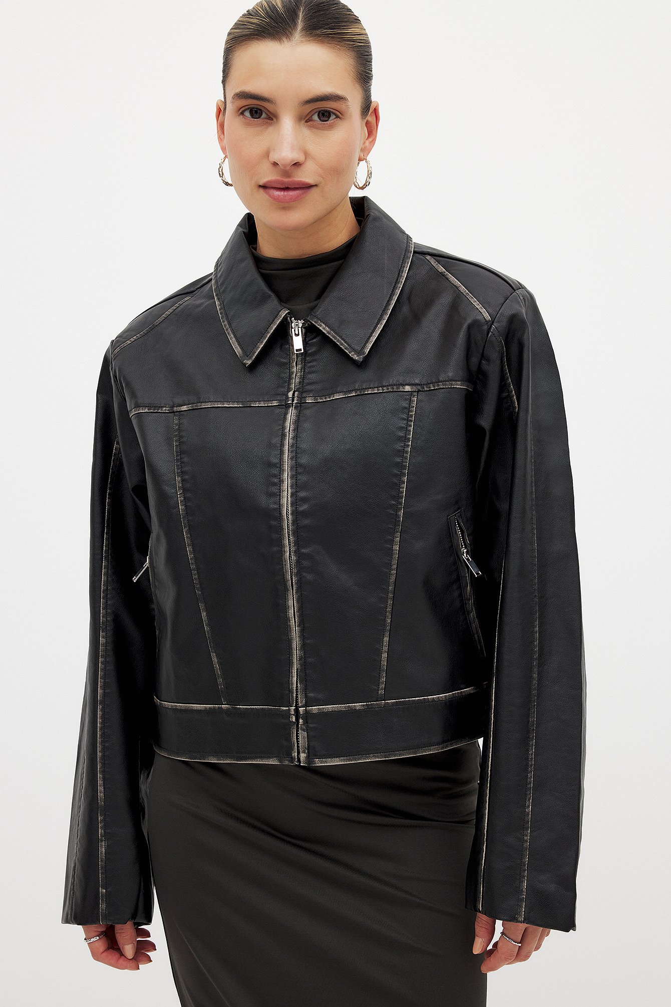 NA-KD Trend Washed Out Detailed Pu Jacket - Faux-leather Jackets - Black - EU 36 - NA-KD / NAKD