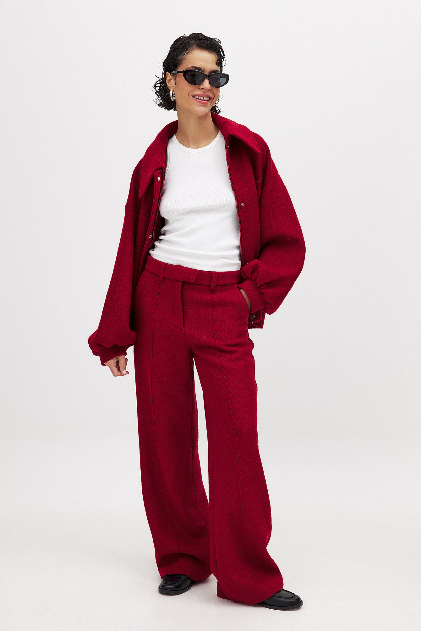 Léanne Ansar x NA-KD Wool Blend Mid Waist Trousers - Knitted Pants - Red - EU 44 - NA-KD / NAKD