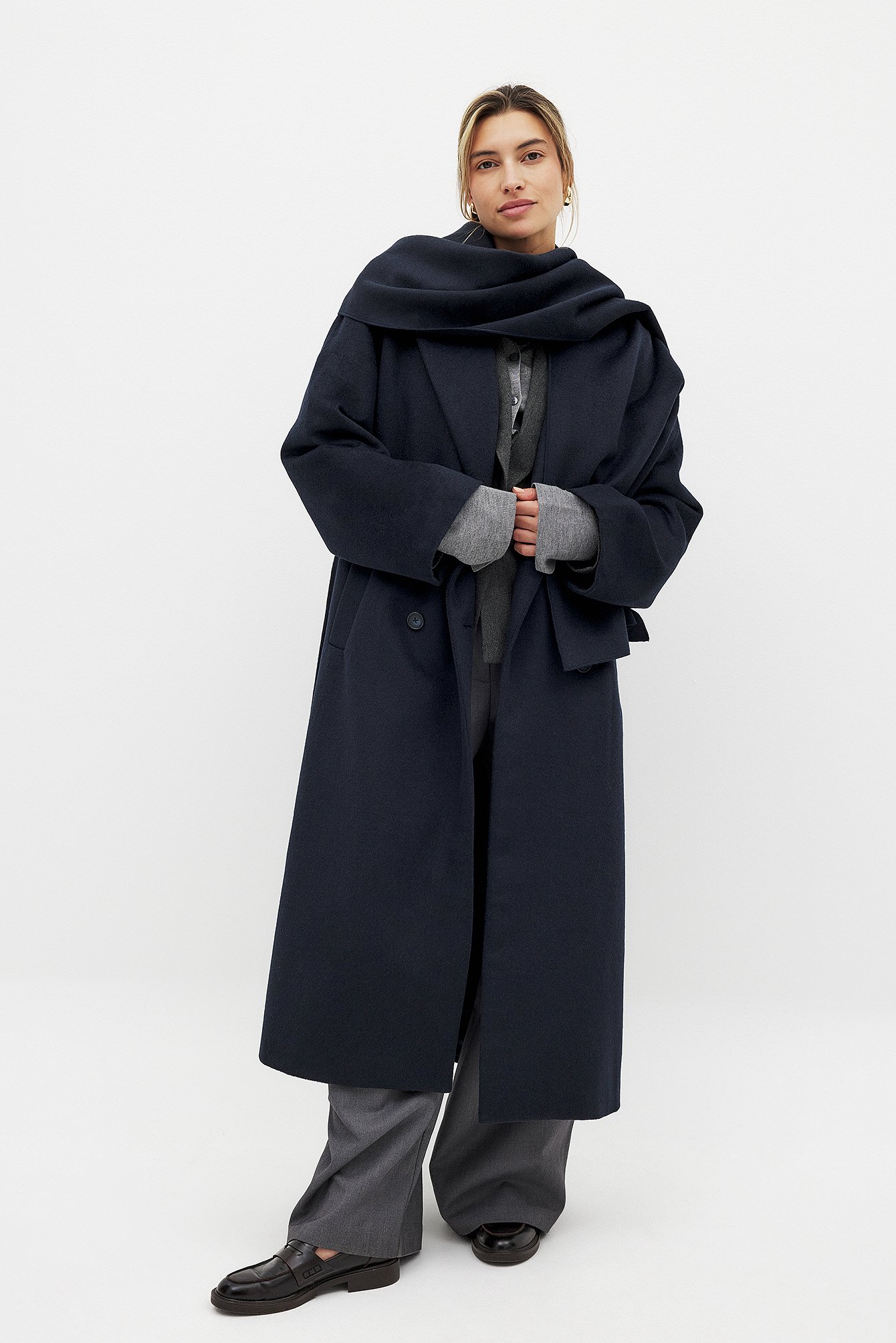 NA-KD Wool Blend Scarf Detail Coat - Winter Jackets - Navy - EU 44 - NA-KD / NAKD