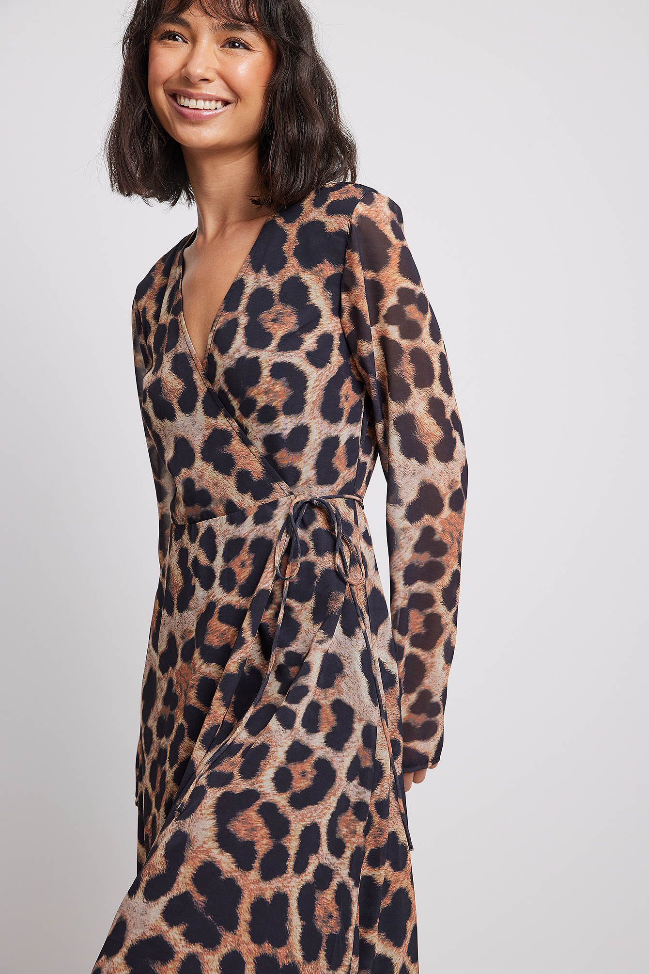 Wrap Long Sleeve Midi Dress Leopard | NA-KD