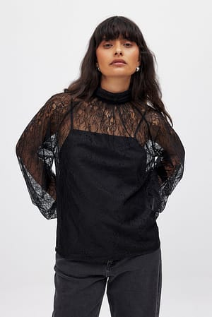 Black Balloon Sleeve Lace Blouse