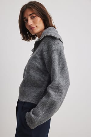 Grey Melange Cardigan in maglia con zip e colletto ampio