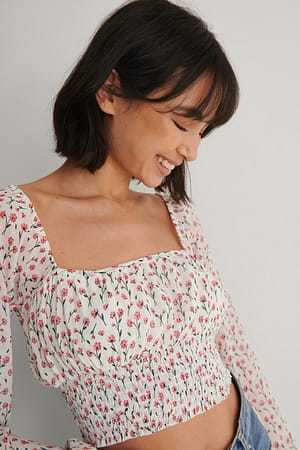 Red Flower Top In Chiffon Con Rouche