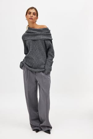 Grey Melange Strickpullover mit Zopfmuster und Rollkragen