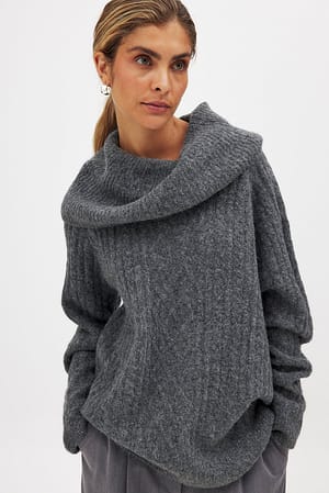 Grey Melange Kabelstickad tröja med turtleneck