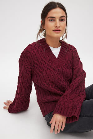 Red Cable Knitted V-Neck Sweater