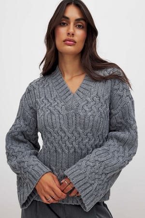 Grey Cable Knitted V-Neck Sweater