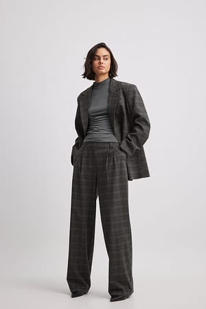 Grey Check Rutiga plisserade kostymbyxor med mellanhög midja