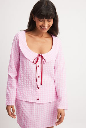 Pink Check Checked Tie Front Top