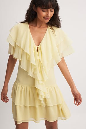 Dusty Yellow Chiffon Ruffles Detail Mini Dress