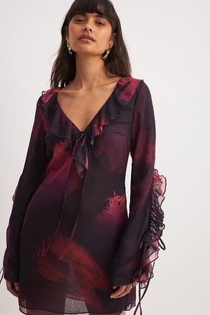 Abstract Print Sheer Chiffon Tie Sleeve Mini Dress